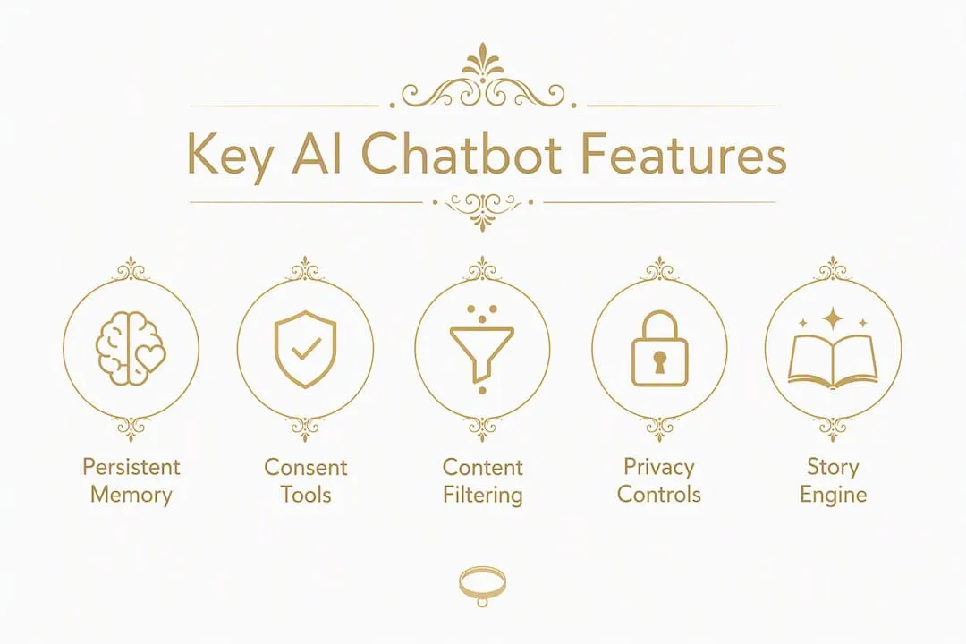 Infographic showing key AI chatbot features for femdom privacy
