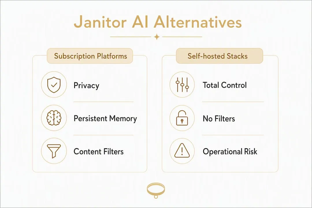 Infographic comparing Janitor AI alternatives by category